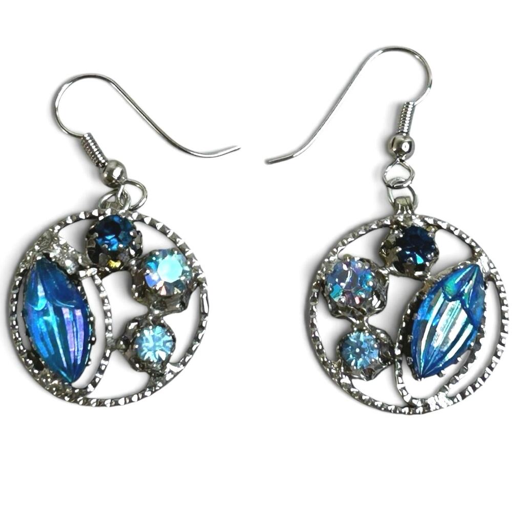 Austrian Crystals Blue Cluster Circular Dangle Earrings Silver Tone